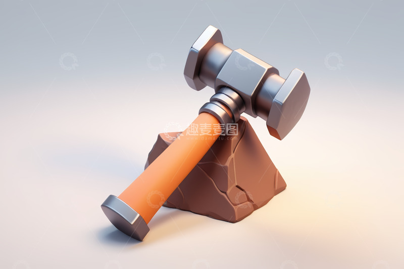 高清大图下载【趣麦麦图】金属锤子模型置于岩石上