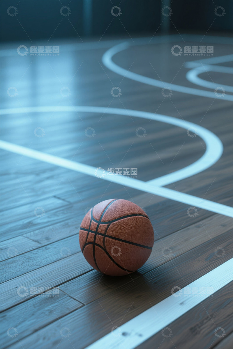 高清大图下载【趣麦麦图】篮球置于木质篮球场地面