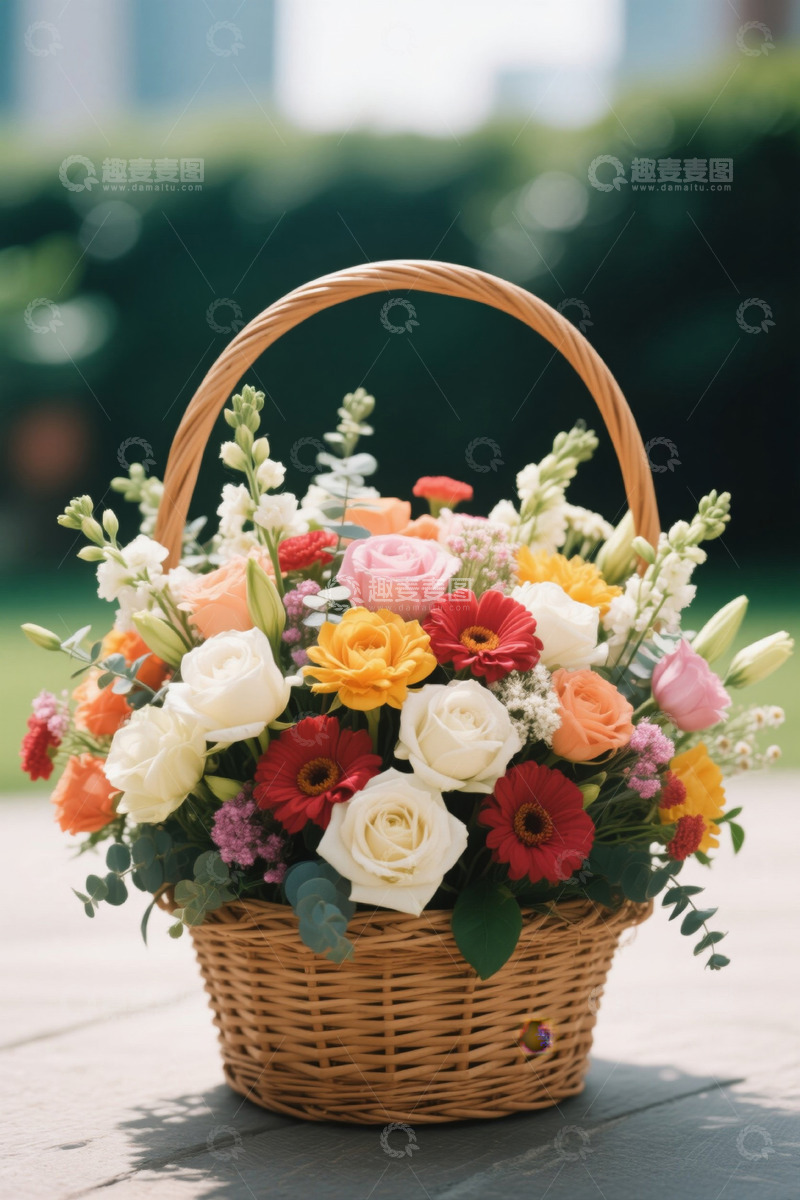 高清大图下载【趣麦麦图】户外竹篮盛放多彩花卉