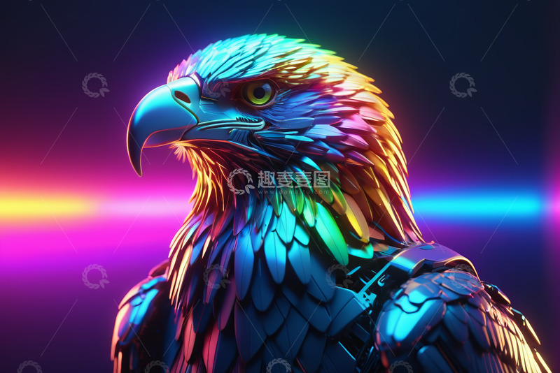 高清大图下载【趣麦麦图】霓虹色彩机械鹰特写