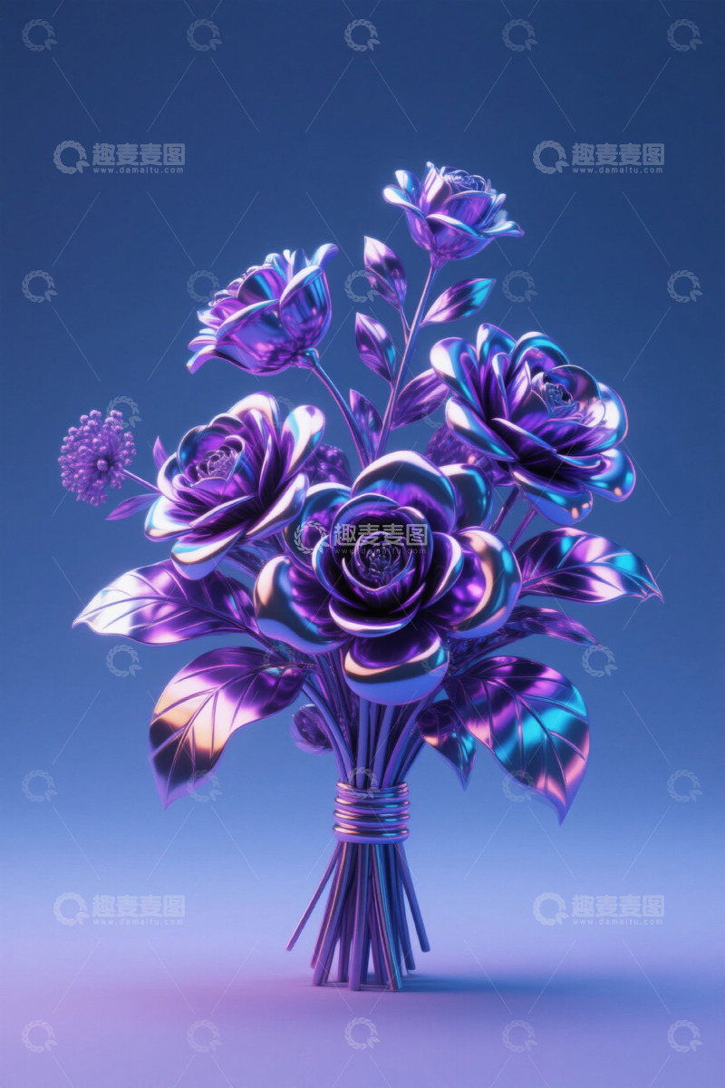 高清大图下载【趣麦麦图】金属质感紫色玫瑰花束素材