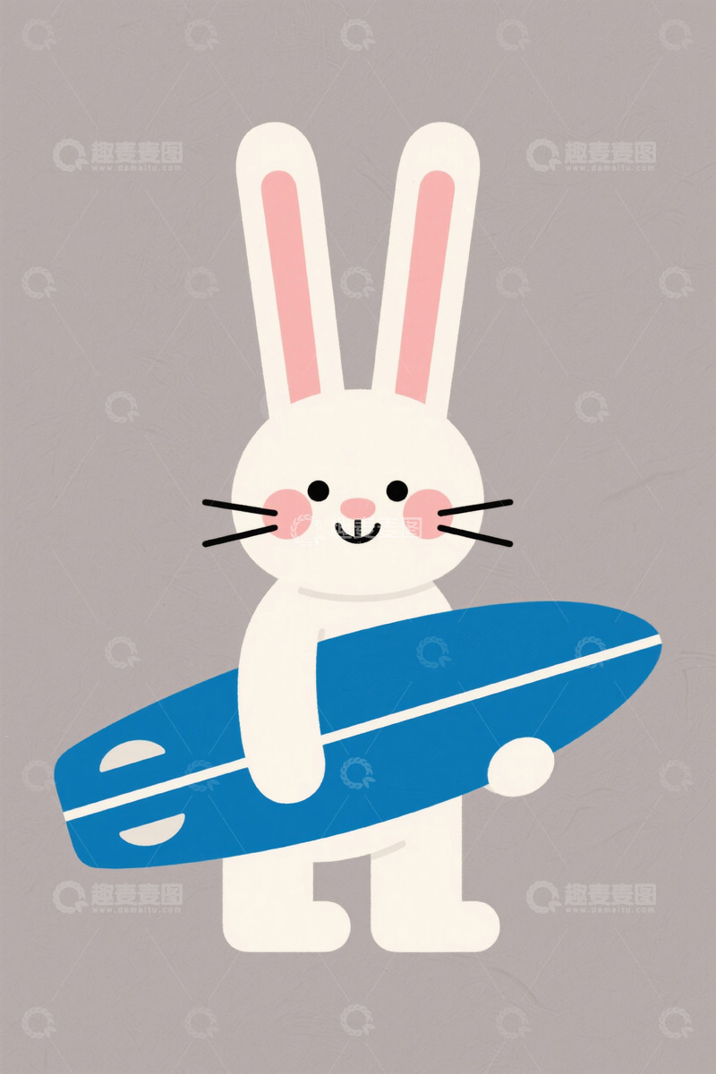 高清大图下载【趣麦麦图】手持冲浪板的卡通兔子插图