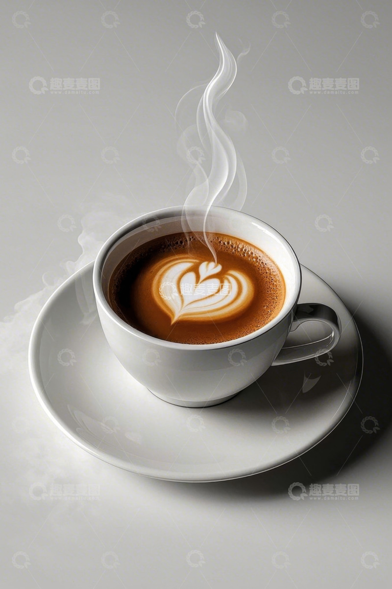 高清大图下载【趣麦麦图】白色杯碟上的拉花热咖啡