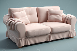 浅粉色双人沙发带抱枕与搭毯