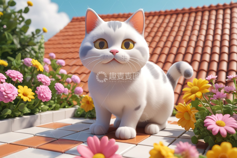 高清大图下载【趣麦麦图】屋顶花丛中的卡通猫咪