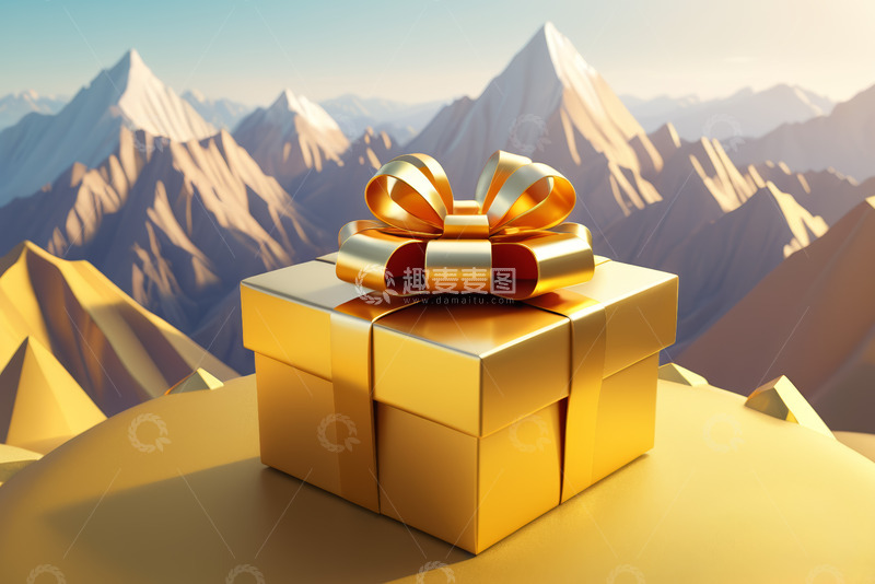 高清大图下载【趣麦麦图】金色礼物盒置于雪山背景前