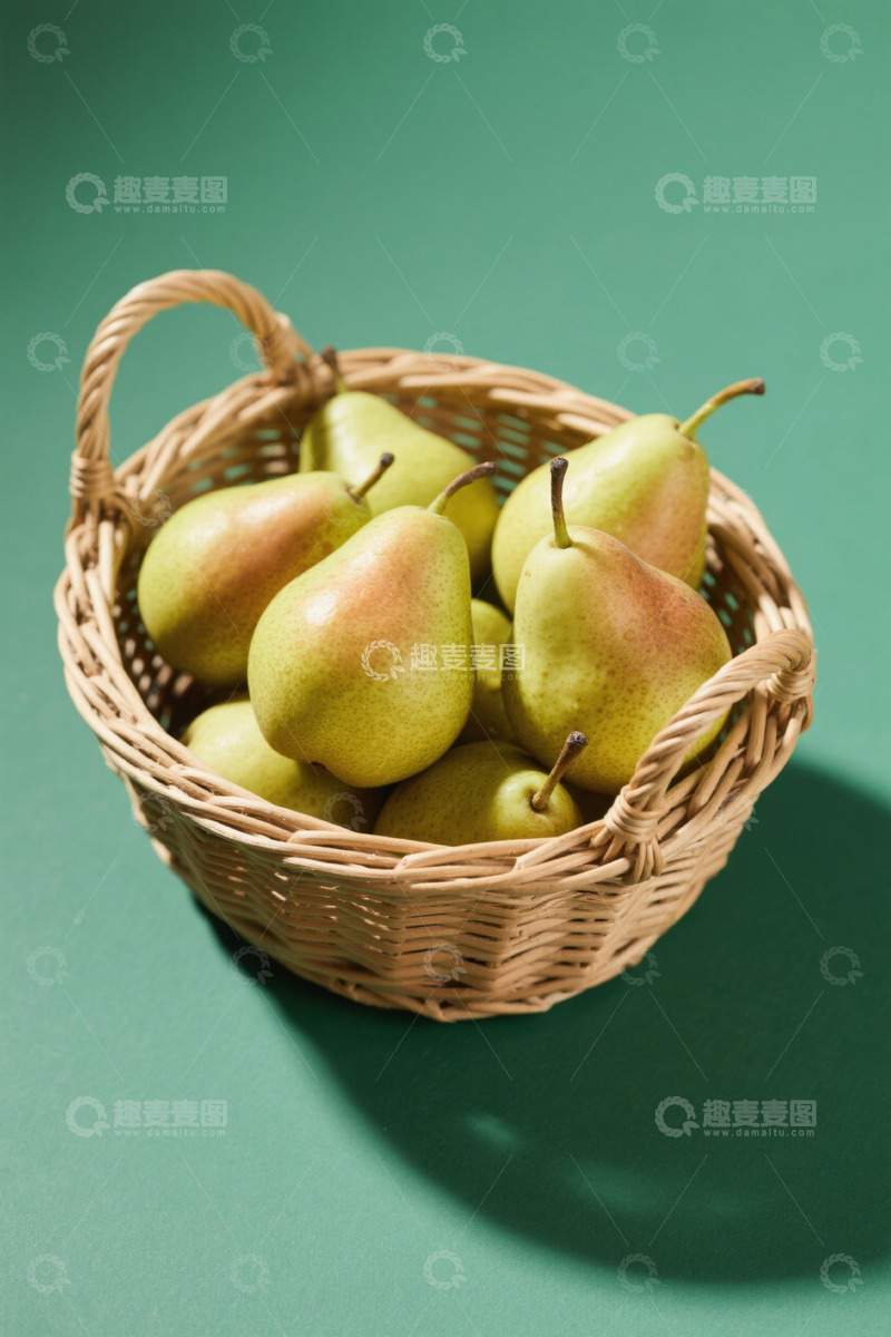 高清大图下载【趣麦麦图】竹篮内摆放的新鲜梨子