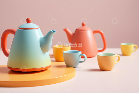 彩色茶壶与杯子静物素材