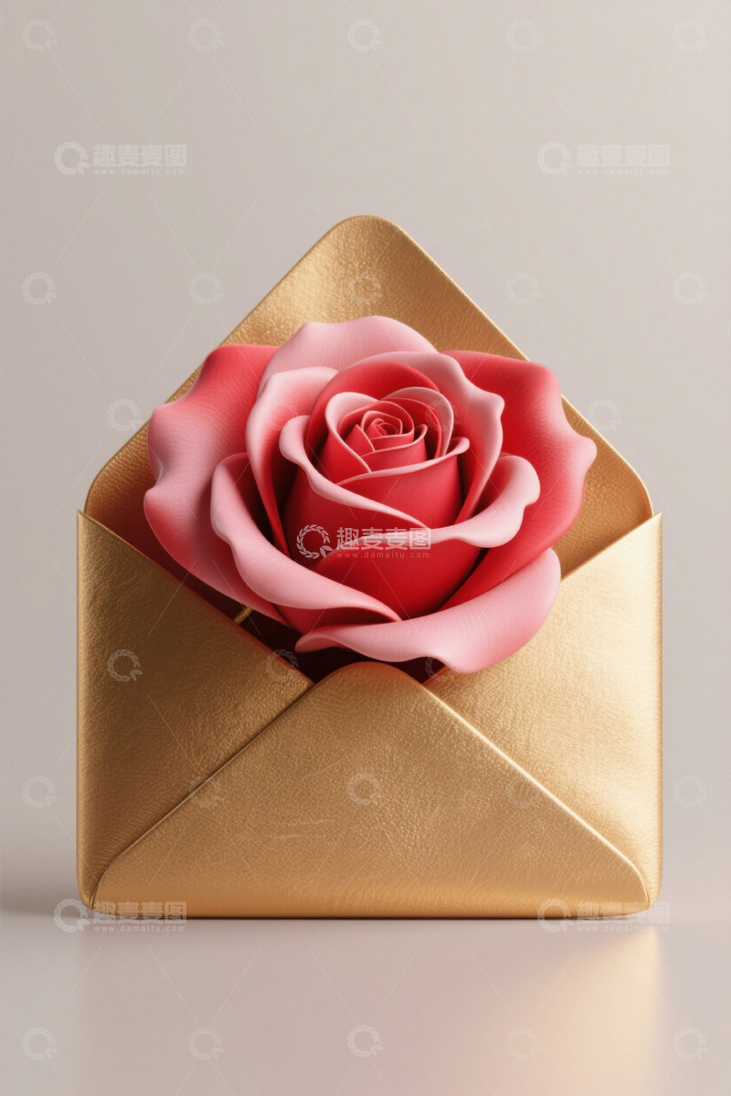 高清大图下载【趣麦麦图】金色信封中的粉色玫瑰花
