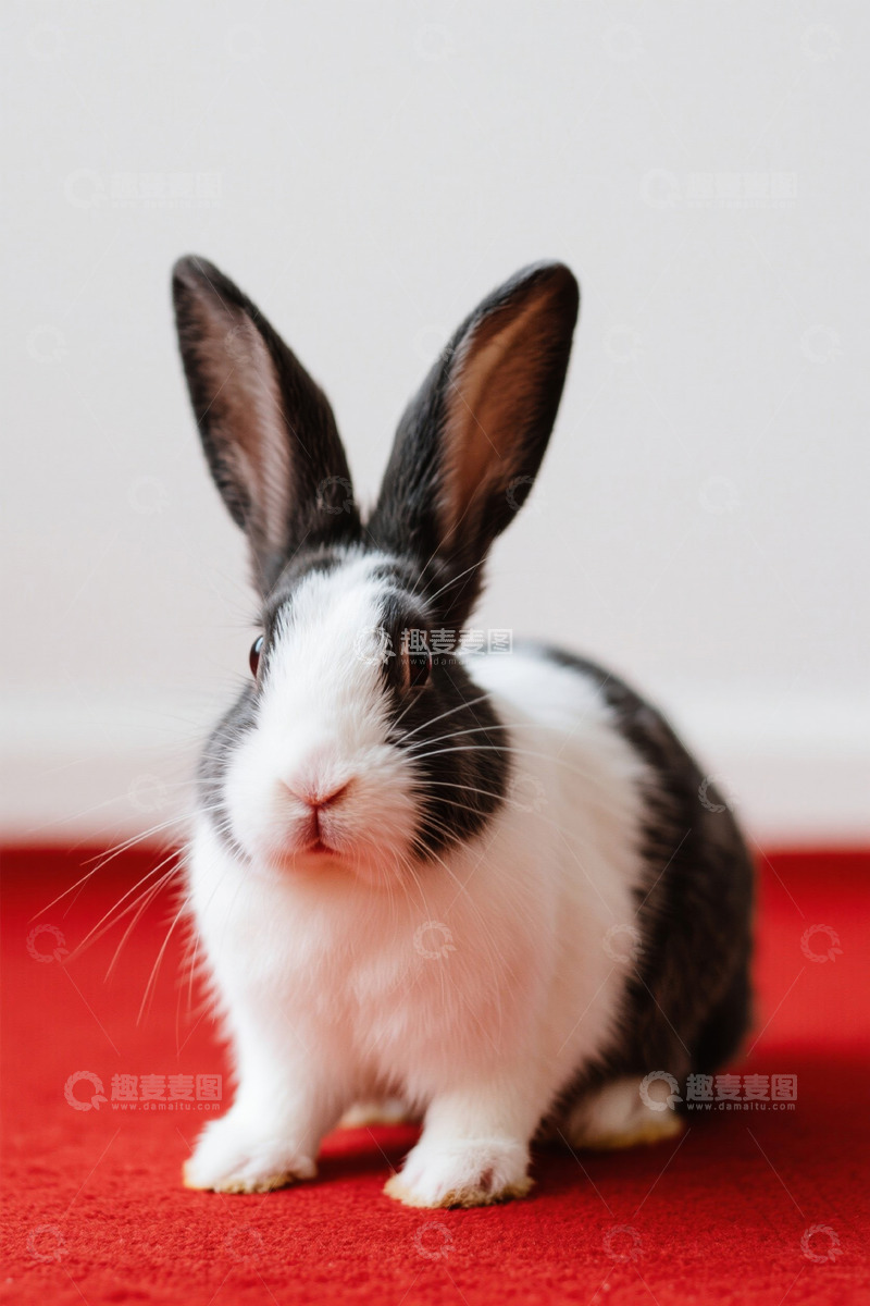 高清大图下载【趣麦麦图】黑白兔子坐于红地毯上