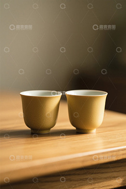 木桌上的两个黄色茶杯