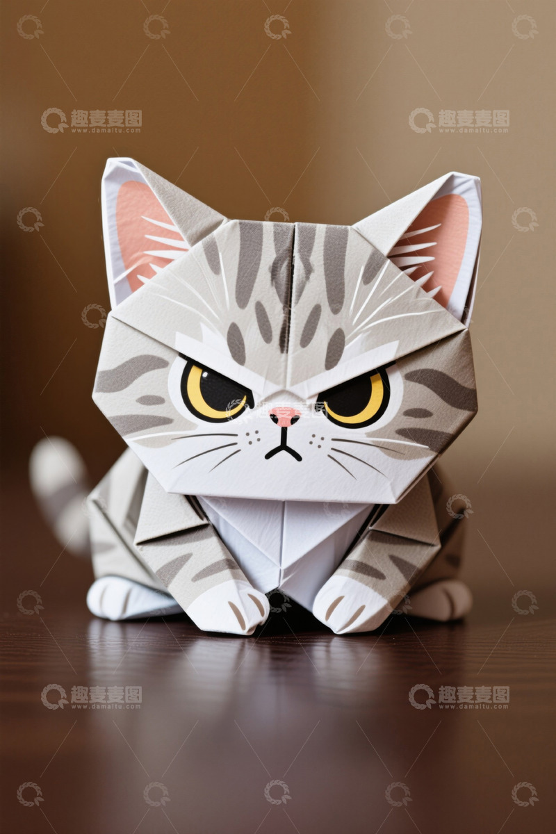 高清大图下载【趣麦麦图】灰色折纸猫摆件特写