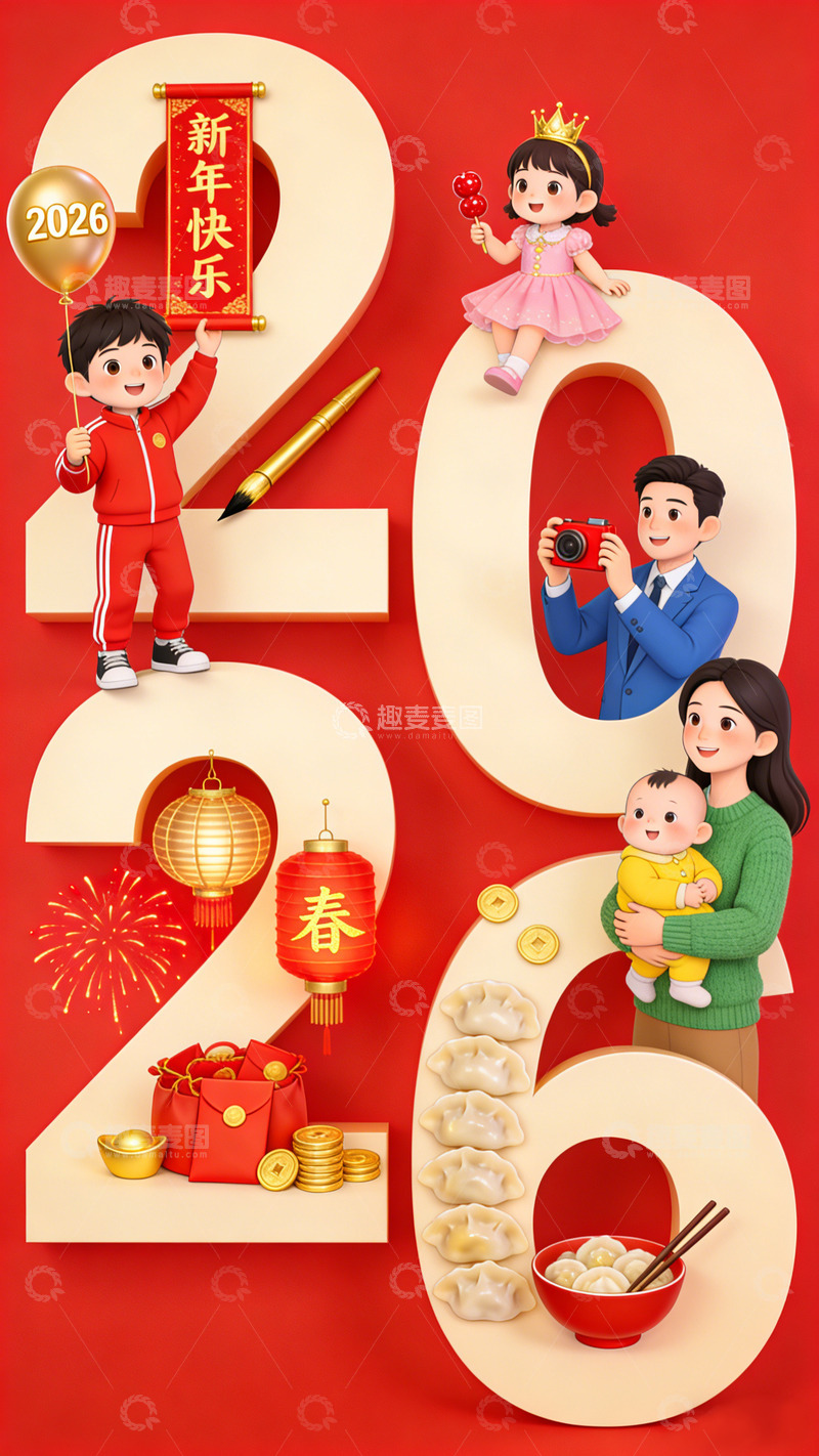 高清大图下载【趣麦麦图】2026春节欢乐主题插画设计素材