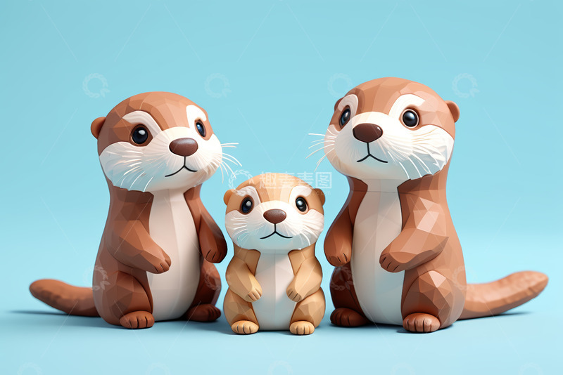 高清大图下载【趣麦麦图】三只低多边形水獭模型