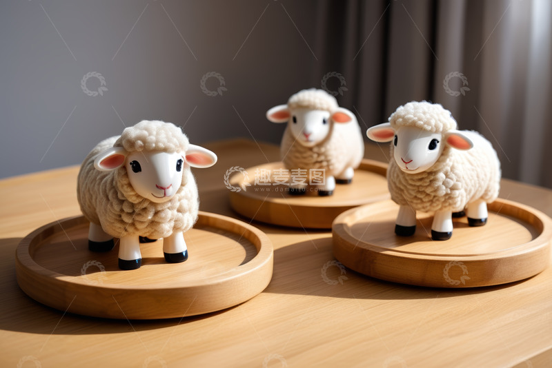 高清大图下载【趣麦麦图】三只绵羊摆件置于木盘上