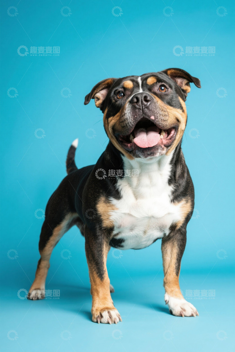 高清大图下载【趣麦麦图】蓝色背景下站立的宠物狗