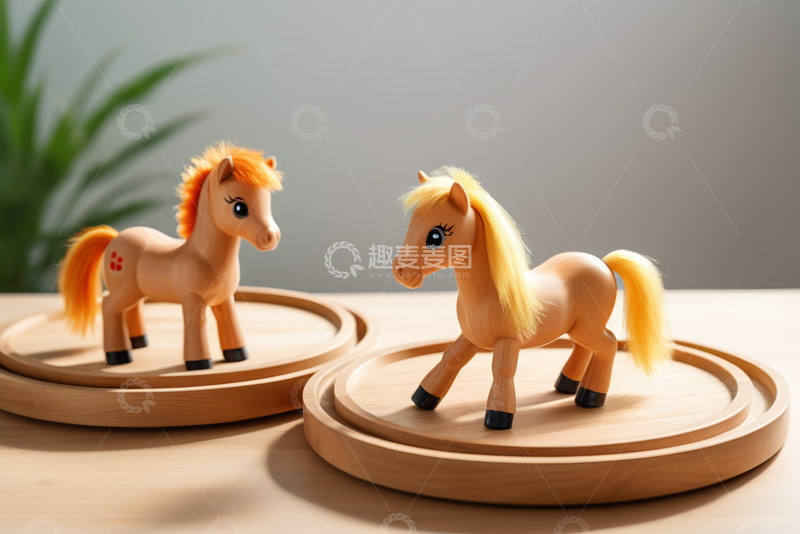 高清大图下载【趣麦麦图】两个木质小马玩具摆件