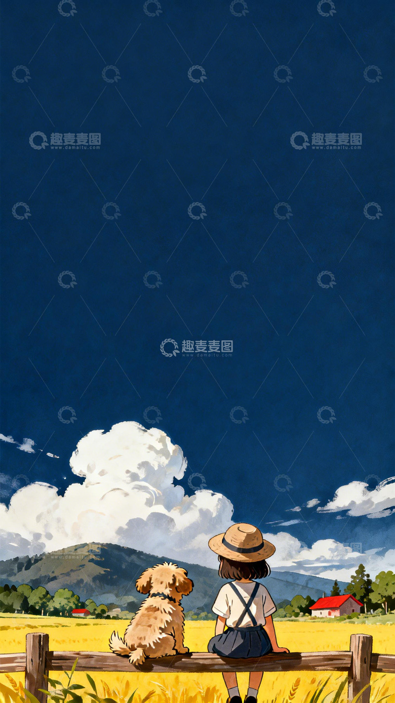 高清大图下载【趣麦麦图】田园风女孩小狗风景插画