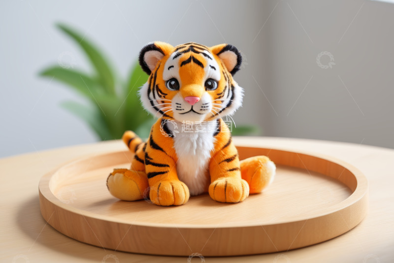 高清大图下载【趣麦麦图】木制托盘上的老虎毛绒玩具
