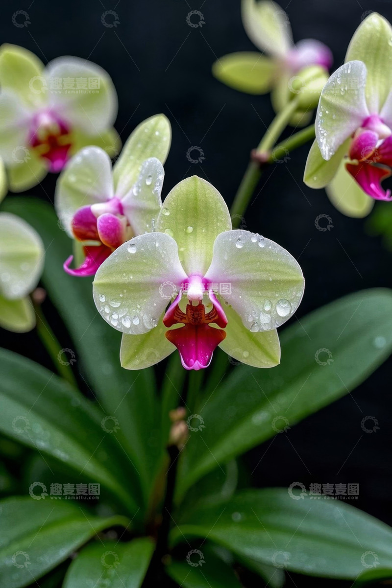 高清大图下载【趣麦麦图】带水珠的绿色兰花特写