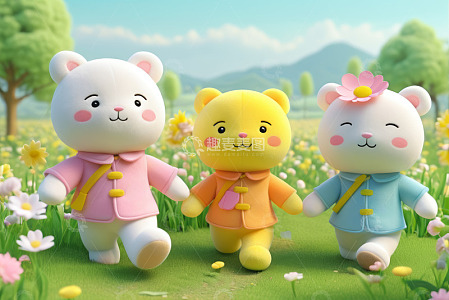 三只卡通小熊在花田漫步
