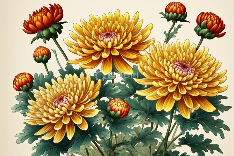 高清大图下载【趣麦麦图】盛开的黄色菊花插画