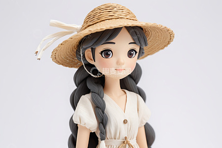 戴草帽编发女孩人偶特写