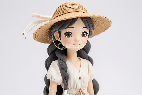 戴草帽编发女孩人偶特写