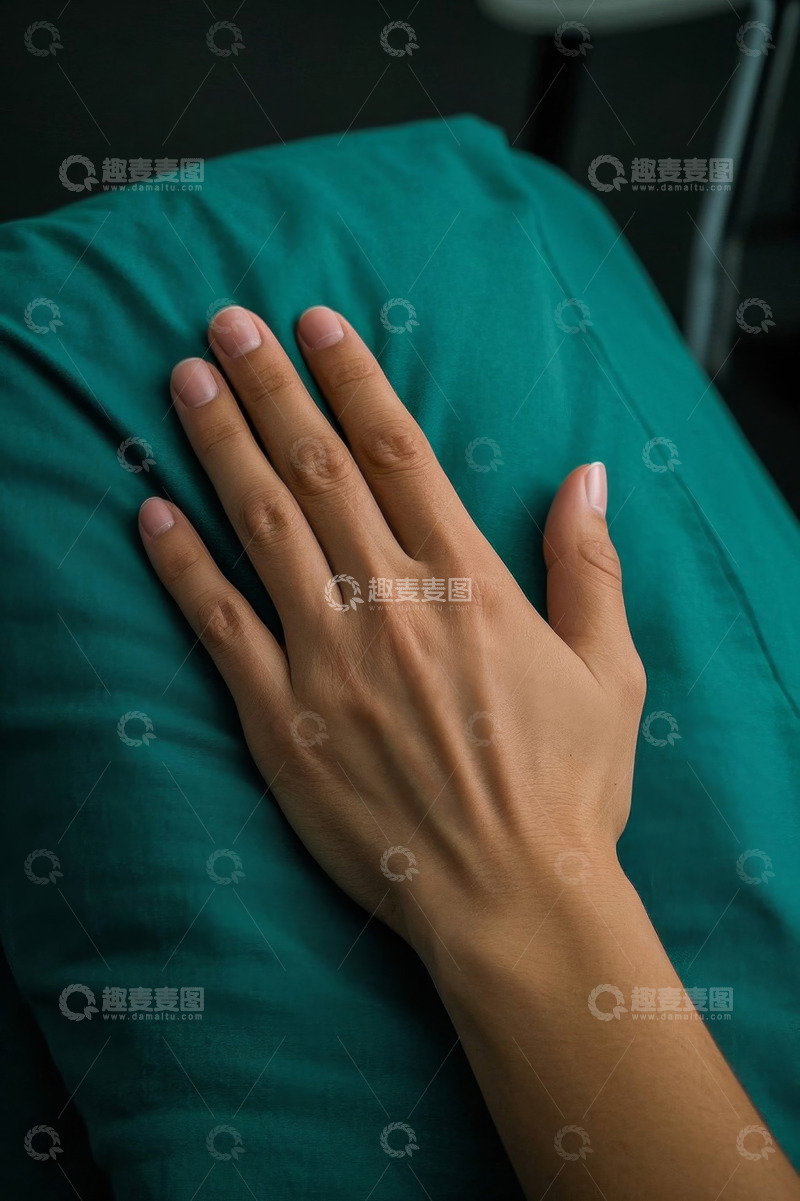 高清大图下载【趣麦麦图】手放在绿色医疗布料上