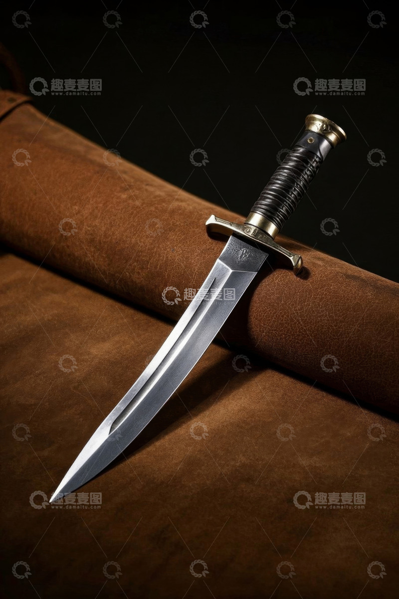 高清大图下载【趣麦麦图】金属匕首置于棕色皮革上