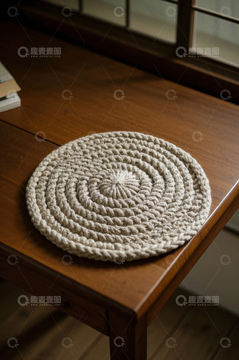 高清大图下载【趣麦麦图】木质桌面上的编织圆形餐垫