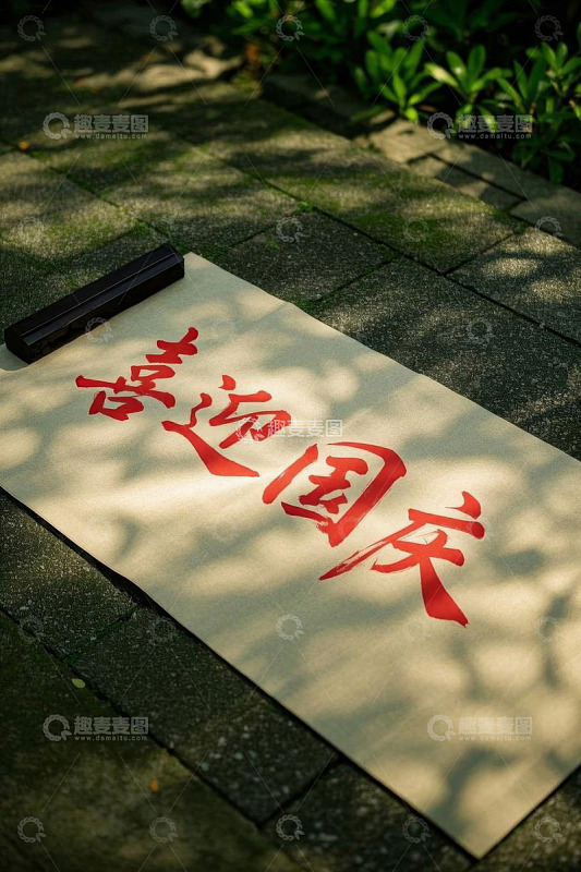 地面上的国庆主题书法作品