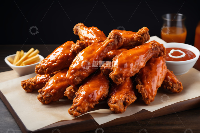 高清大图下载【趣麦麦图】美味炸鸡翅配薯条与蘸酱