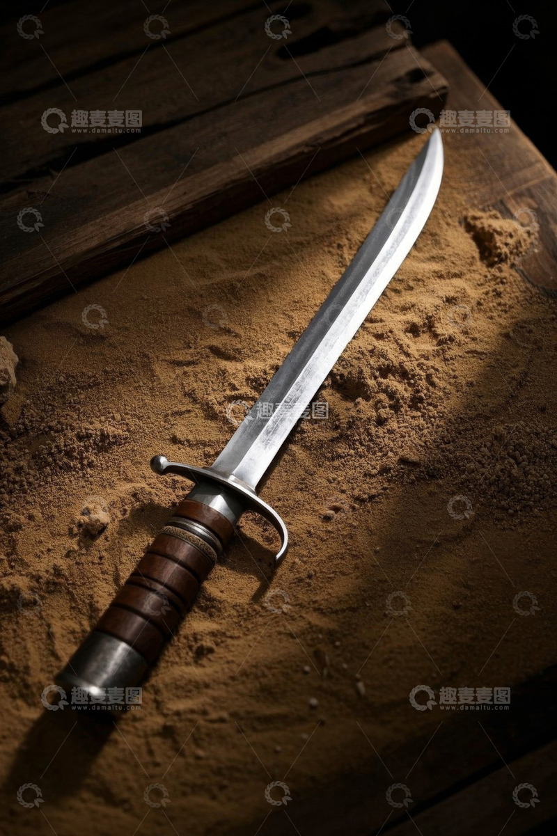 高清大图下载【趣麦麦图】木桌上的金属剑特写