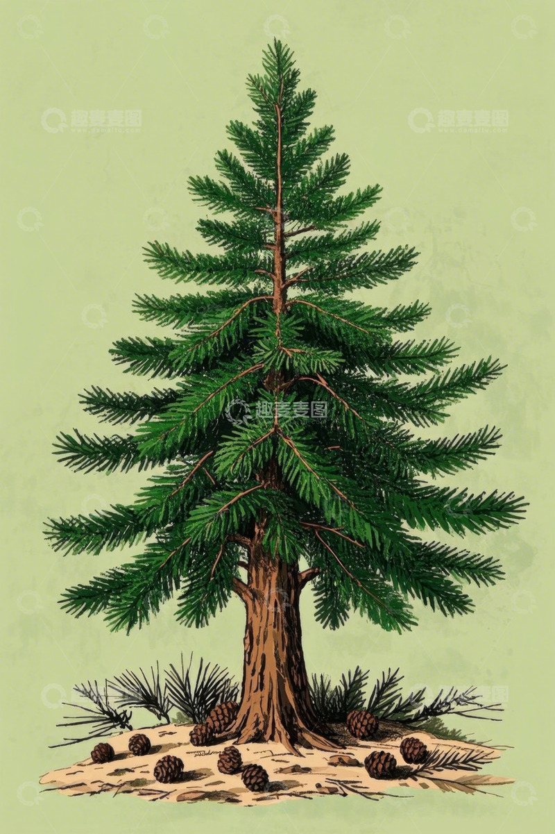 高清大图下载【趣麦麦图】单棵绿色松树插画