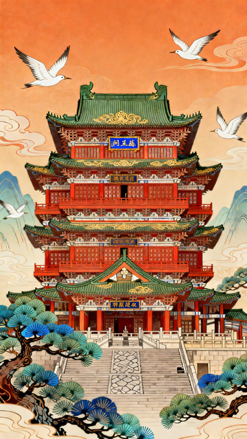 古韵楼阁飞鸟山水画