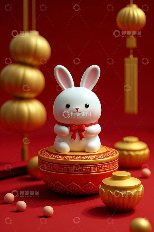 红色背景下的兔年装饰摆件