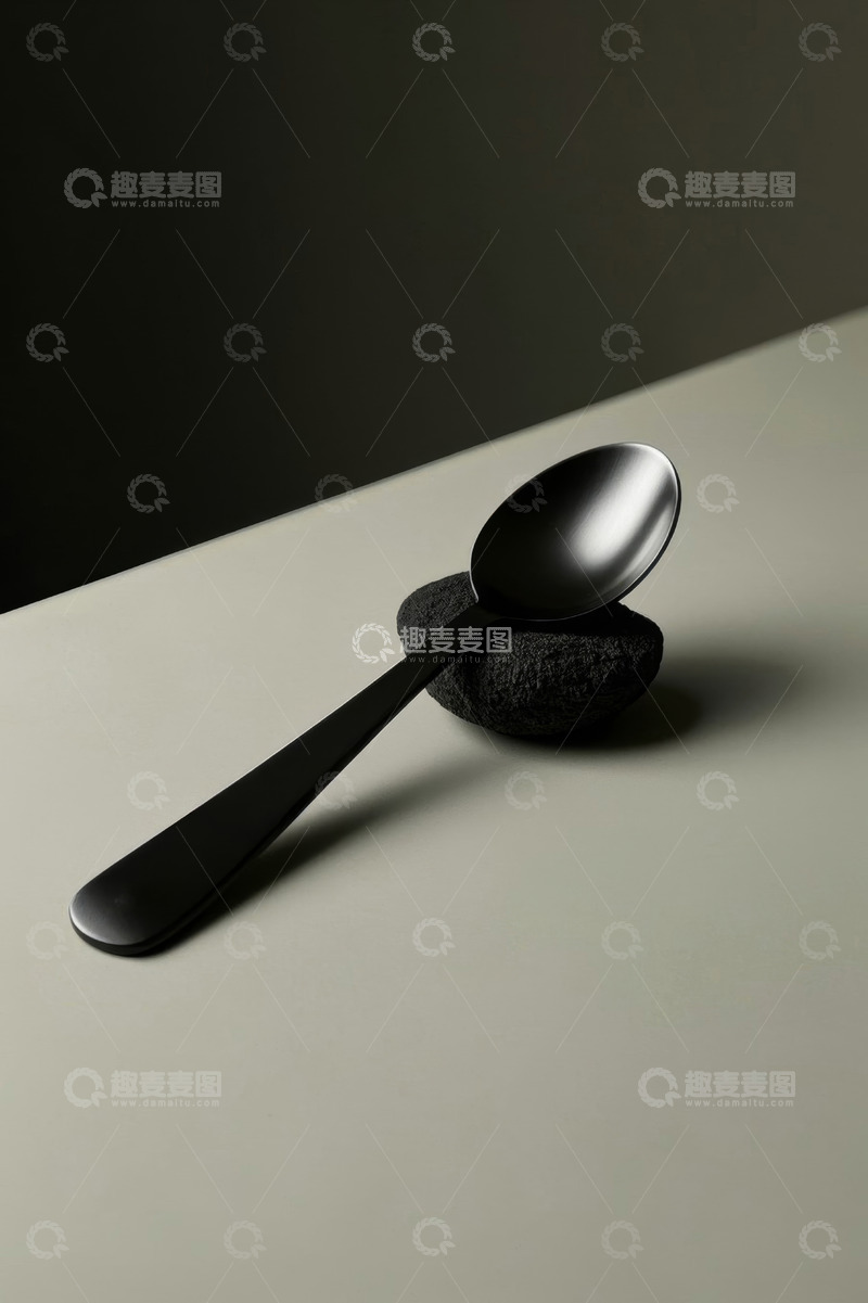 高清大图下载【趣麦麦图】黑色勺子与石头静物特写