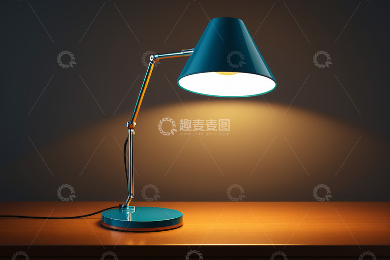 高清大图下载【趣麦麦图】蓝色台灯点亮在木质桌面上