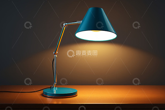 蓝色台灯点亮在木质桌面上