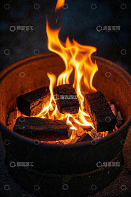 户外篝火堆中的燃烧火焰