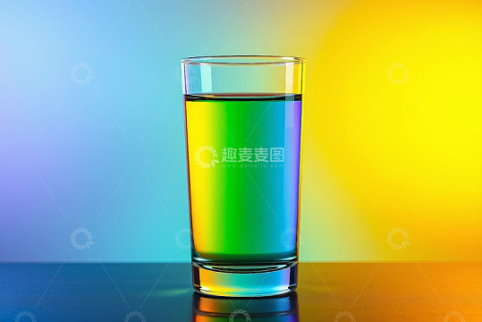 彩色背景前的玻璃杯装液体