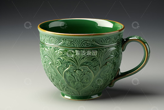 绿色花纹陶瓷杯特写