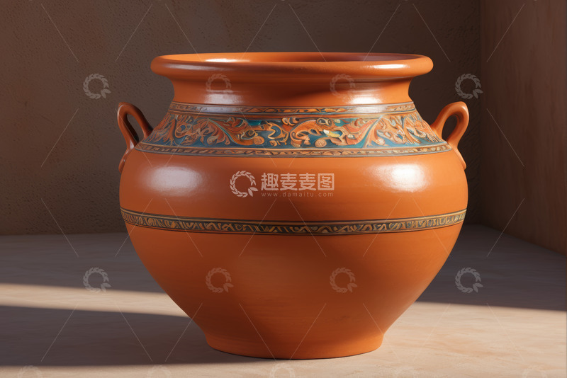 高清大图下载【趣麦麦图】带花纹双耳陶罐特写