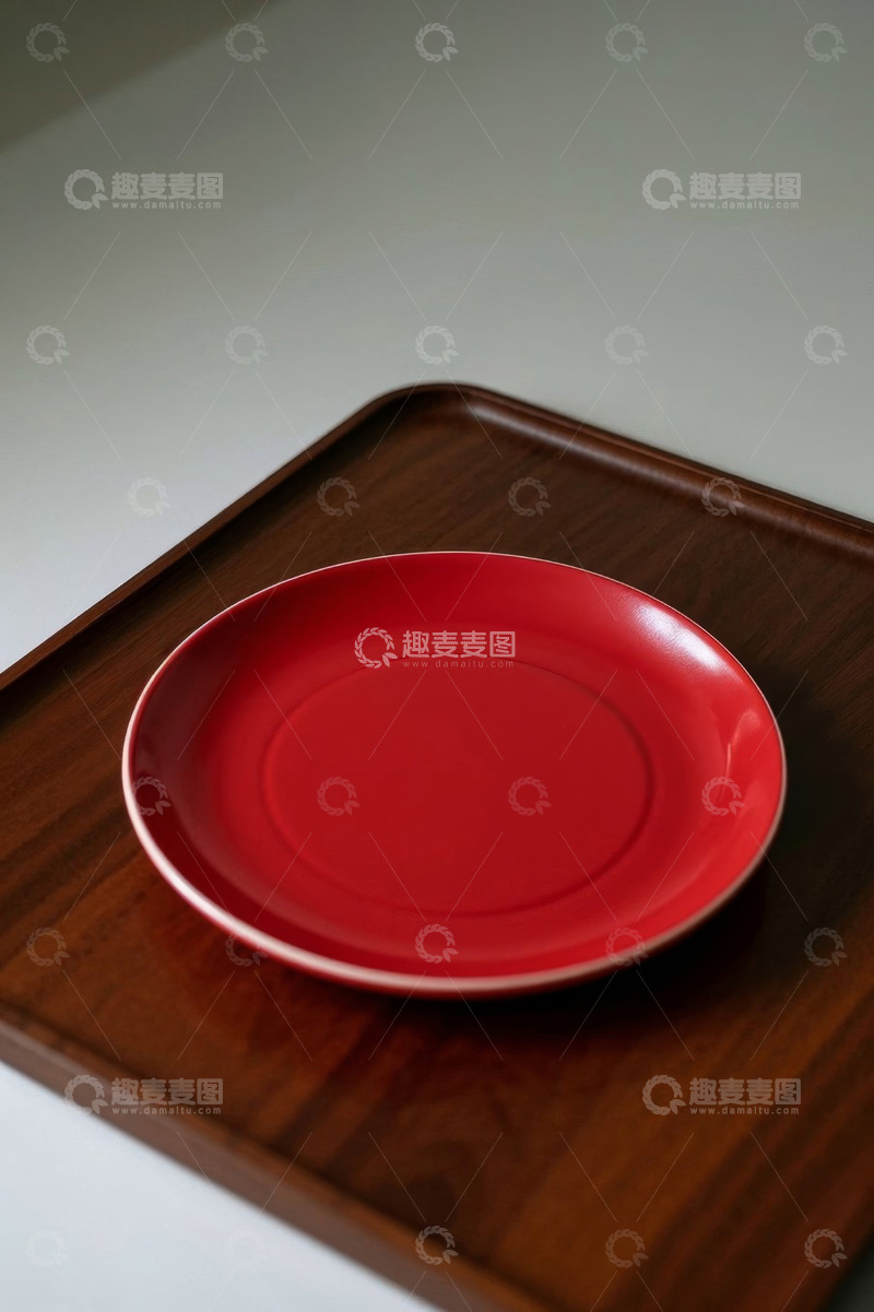 高清大图下载【趣麦麦图】红色盘子置于木质托盘上