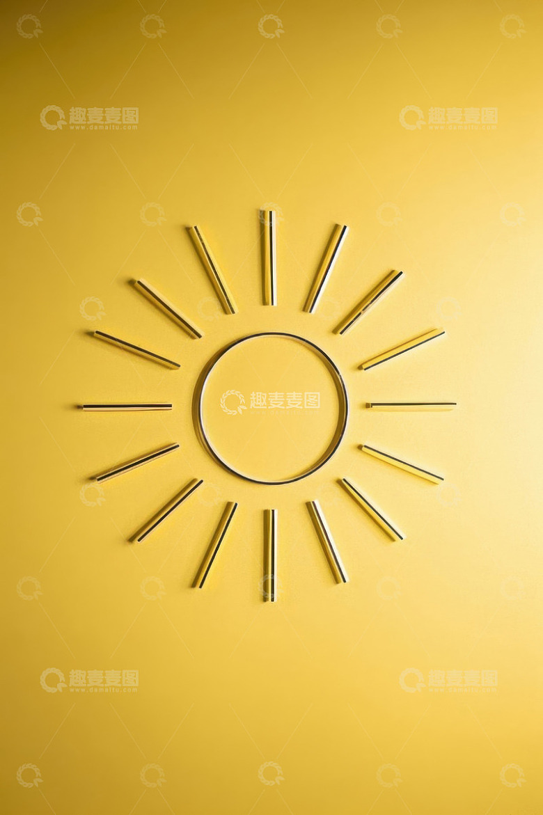 黄色背景上金属条组成的太阳图形