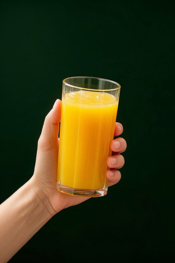 手持玻璃杯装橙汁画面