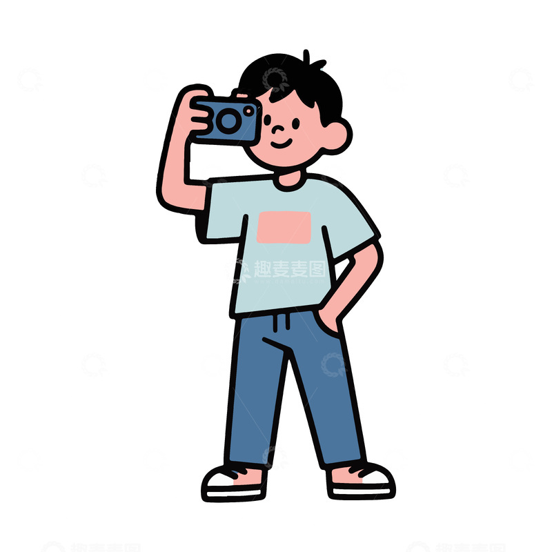 源文件下载【趣麦麦图】-卡通男孩相机拍摄插画