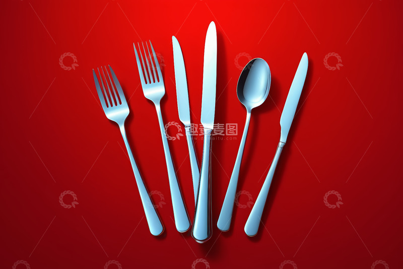 高清大图下载【趣麦麦图】红色背景下的银色餐具组合