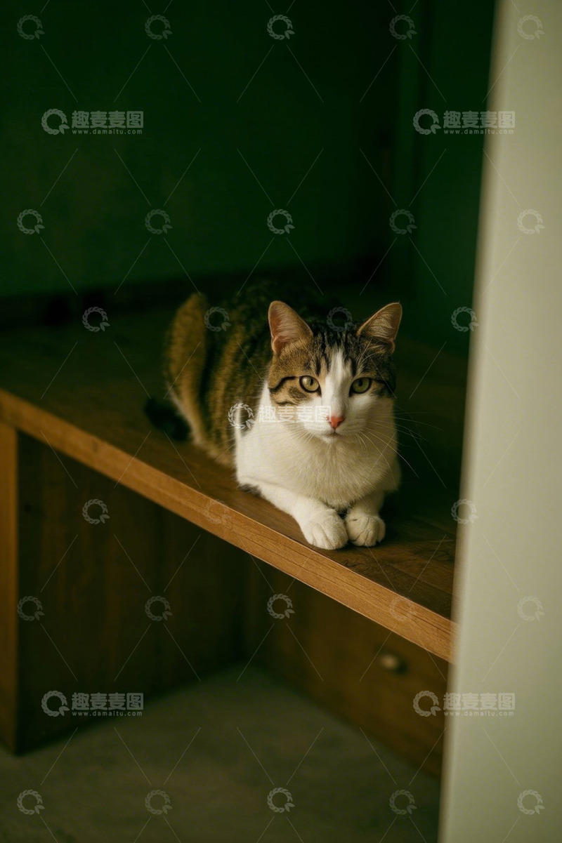 高清大图下载【趣麦麦图】室内木台上趴卧的猫咪